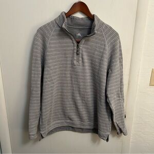 Tommy Bahama 1/4 Zip Pullover Reversible Heavy Knit Mens M Gray Preppy Striped